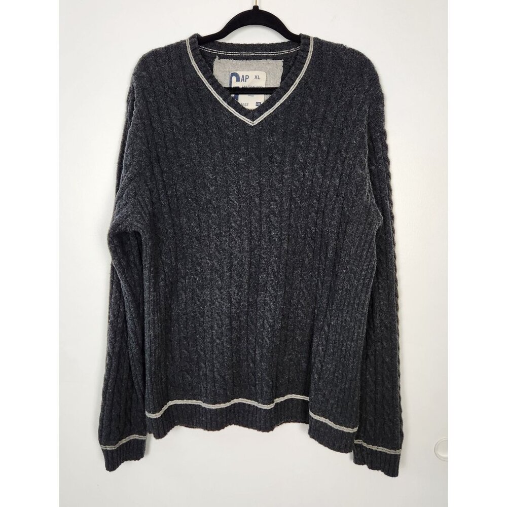 Vintage Y2K Gap Men's Wool Blend V Neck Cable Knit Dark Gray Sweater, XL, Preppy